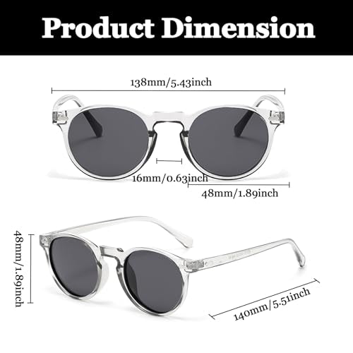 LJCZKA Round Polarized Sunglasses for Men Women Retro Small Face Sunglasses Polarized Vintage Sun Glasses UV400 Protection - color: Clear Grey Grey