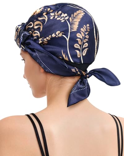 Satin Scarf Hair Net Bonnet - 2 in 1 Wrap Cap for Silk Press & Sleeping, Soft Headband Hair Net and Silk Scarf for Women - color: Navy Flower