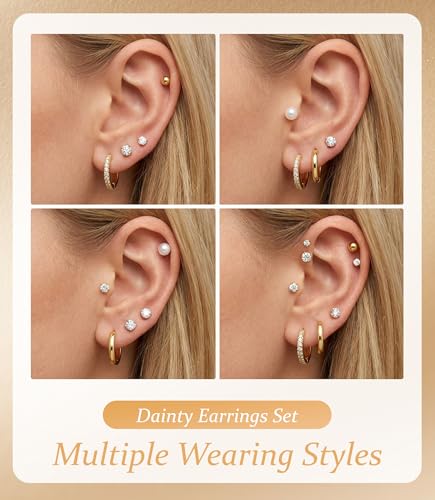 Incaton Hypoallergenic Flat Back Earrings for Women Silver 14K Gold Plated Surgical Stainless Steel Stud Earrings Cubic Zirconia Cartilage Studs Earrings For Multiple Piercing Sensitive Ears - color: J-Gold