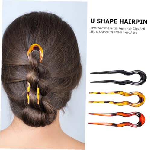 Artibetter 3pcs U Shape Hair Forks Vintage Resin Hairpins Leopard Print Double Prong Hair Clips for Women Bridal Updo