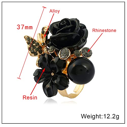 CZ Rose Flower Wedding Ring for Women Statement Engagement Round Rhinstone Crystal Aryclic Daisy Plumeria Adjustable Open Wrap Finger Rings Comfort Fit Cocktail Party Valentine Jewelry - color: Black