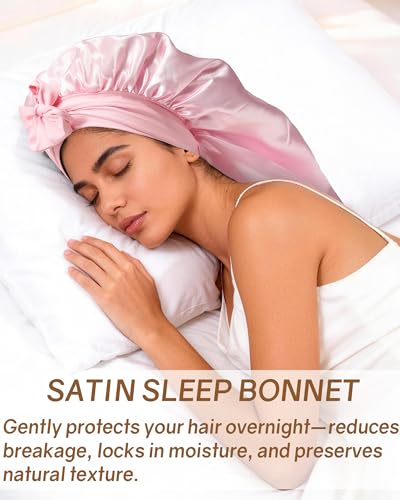 AWAYTR Long Satin Bonnet for Braids - Elastic Silk Hair Bonnets for Sleeping Night Cap Stretchy Tie Band for Women（Pink） - color: Pink