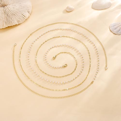 Risamil Waist Chain for Women, Dainty Gold Plated Belly Chain for The Waist Adjustable Waterproof Sexy Bikini Satellite Beads Sparkle Chain Simple Body Chain Summer Jewelry Gifts for Women - style: Pearl2