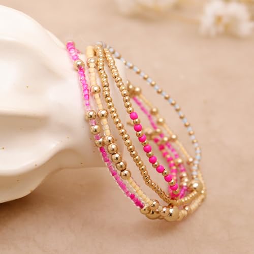 Gold Beaded Stackable Friendship Bracelets Set for Women, Handmade Boho Stretch Summer Jewelry Gift. - color: gold pink fuchsia white yellow
