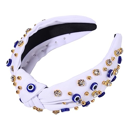 mokkia Knotted Headband for Women Evil Eye Headbands Beaded Rhinestone Crystal Knotted Headbands Sparkly Bejeweled Embellished Top Knot Headband Summer Fashion Hair Accessory (White)