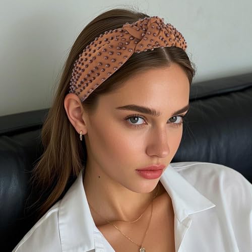 YISSION Brown Knotted Headband for Women - Wide Beaded Hair Hoop, Stylish Hair Accessory for Daily Wear, Parties, Dating & Casual Outfits - color: Brown