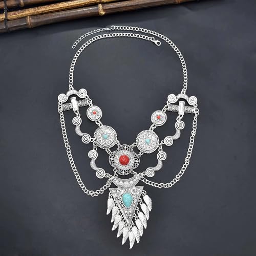 Bethynas Bohemian Ethnic Tribal Chunky Necklace Multilayer Long Tassel Turquoise Statement Neck Chain Retro Coin Gemstone Exaggerated Costume Accessories for Women - color: B-Silver