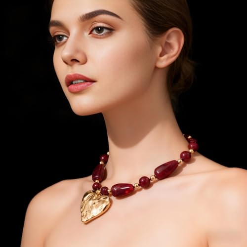Chunky Acrylic Beaded Necklace for Women Colorful Acrylic Beaded Choker Round Beads Statement Necklace Fashion Jewelry - color: red