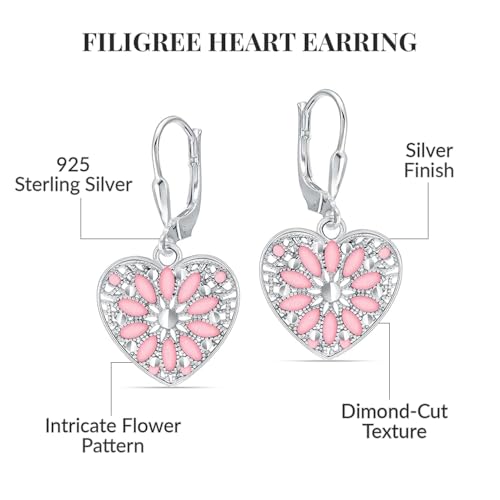 LeCalla 925 Sterling Silver Filigree Dangle Earrings for Women | Gold, Rose Gold & Rhodium Plated Diamond-Cut Filigree Drop Earrings | Lightweight Earrings Jewelry Gift - color: Heart Filigree