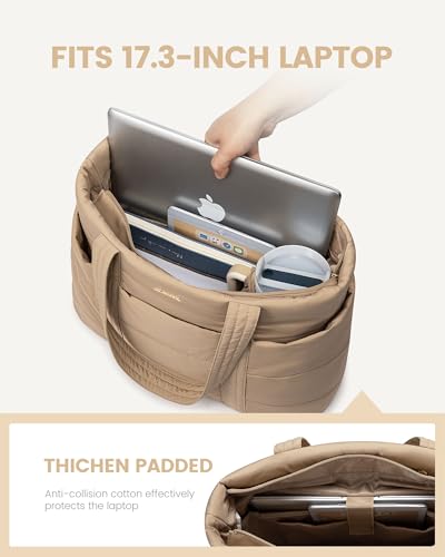 LOVEVOOK Tote Bag for Women, Large Puffer Work Tote Bag for 15.6 Inch Laptop, Lightweight Travel Tote with Zipper Gifts for Women - color: Khaki-a, size: 15.6 Inch
