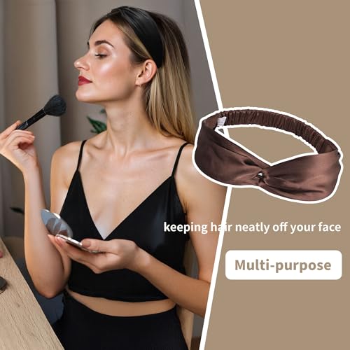 ZLYC Mulberry Silk Headband Elastic Twist Knotted Head Bands for Women's Hair, Solid Coffee - color: Solid Coffee