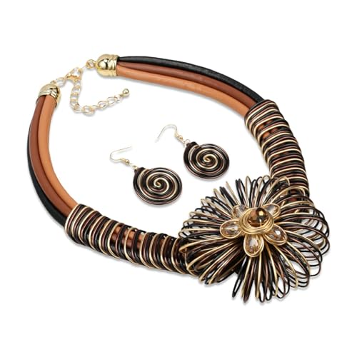 Ethnic Crystal Rhinestone Pendant Necklace Earrings Set Women Handmade Tribal Collar Choker Chunky Metal Bib Rope Chain African Statement Jewelry Set - color: NXR1418-black
