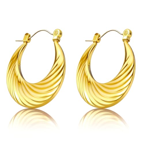 Gold Sculptural Hoop Earrings for Women, 14K Gold Plated Statement Earrings, Lightweight Hypoallergenic Jewelry for Sensitive Ears, Trendy Gift for Her - style: Moon