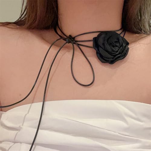 OIDIMS Rose Flower Jewelry Set for Women Classic Velvet Camellia Satin Flowers Choker Necklace Sexy Charms Floral Earring Bracelet for Party Bride Wedding Party Summer Holiday Necklaces - color: Black