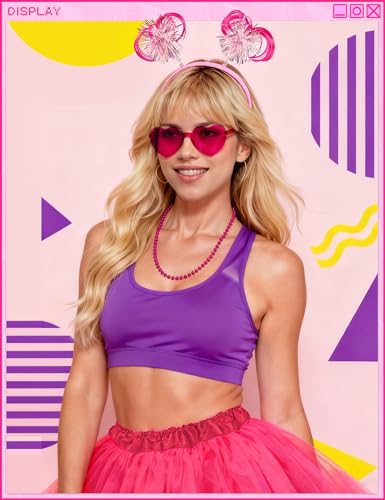 80s Tutu Costume Accessories Set for Women, Tutus Skirt Ponytail Headband Necklace Sunglasses, Party Halloween - color: Hot Pink