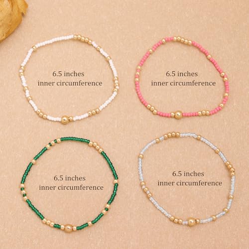 Gold Beaded Stackable Friendship Bracelets Set for Women, Handmade Boho Stretch Summer Jewelry Gift. - color: gold green pink white sky blue