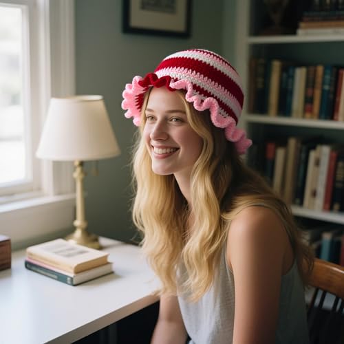 Handmade Crochet Bucket Hat for Women Boho Chic Slouchy Design Colorblock Ruffled Brim Festival&Daily Crochet Hat - color: White and Pink Stripe