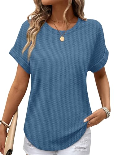 Sampeel Summer Tops for Women 2026 Trendy Rolled Short Sleeve Shirts Waffle Knit Crew Neck Tops Curved Hem Fashion Clothing - color: Blue, size: XX-Large