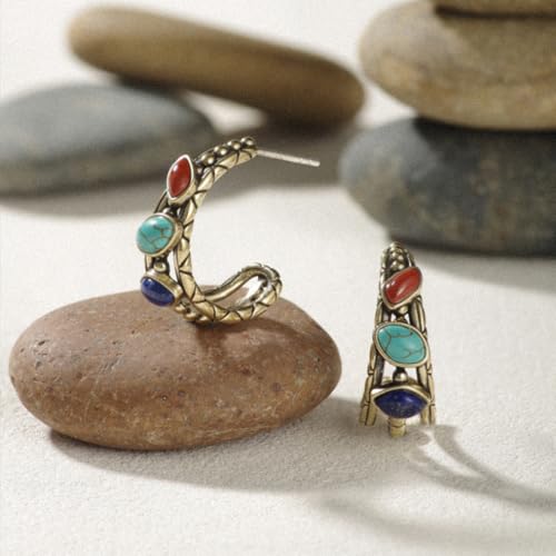 Zenwuxiang Tibetan Mani Stone Hoop Earrings for Women, Vintage Brass with Natural Turquoise, Lapis Lazuli & Red Jasper, Ethnic Boho Tibetan Style Jewelry
