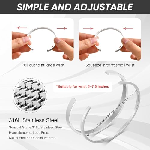 MEALGUET Stainless Steel Mens Cuff Bracelet : Minimal Cool Silver/Black/Gold Plated Open Metal Cuff Bangle Bracelets for Men,Mens Bracelet Jewelry Gift - color: Silver-2-Pack, size: Medium( fit 5.5"-7.2" wrist)