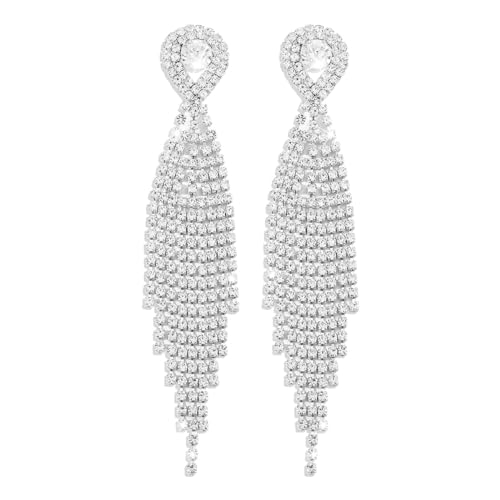 Rhinestone Tassel Earrings Sparkly Long Fringe Crystal Chandelier Dangle Drop Earrings Wedding Party Prom Earrings Premium Iridescent Earrings Wedding Party Jewelry Gifts for Women - color: Silver7
