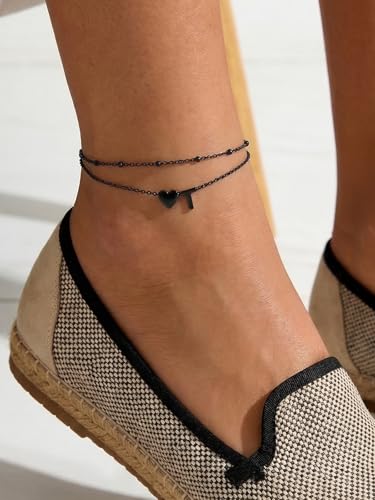 Silvora Ankle Bracelets for Women Waterproof 14K Gold/Silver/Black Initial Anklet for Women Dainty Layered Heart Ankle Bracelets Stainless Steel Adjustable Foot Chain Anklet Summer Beach Jewelry - color: Black-Stainless Steel, size: 20.T