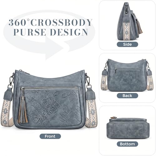 Crossbody Bags for Women, Vegan Leather Medium Crossbody Purse, Spacious Daily Travel Shoulder Bag with Boho Strap - color: Blue