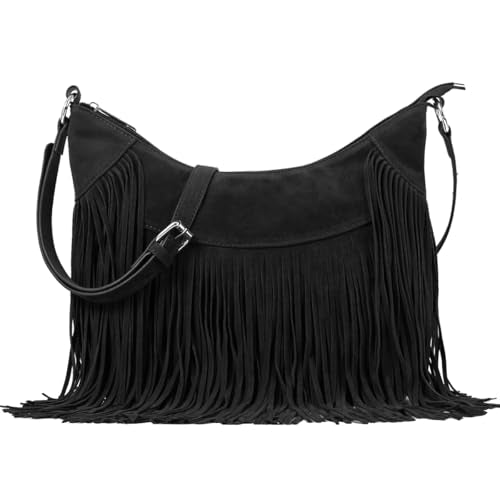 Sunwel Fashion Women Fringe Hobo Bag Western Purse Shoulder Bag Vegan Suede Tassel Hippie Crossbody Bag - color: Black