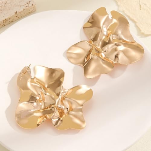 Statement Chunky Gold Large Silver Earrings for Women Trendy, Big Irregular Geometric Dainty Liquid Metal Stud Earrings Simple Prom Party Jewelry Gift - color: Gold -Large
