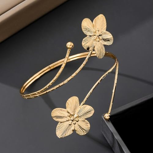 Arm Cuff for Women Gold Upper Arm Bracelet Minimalist Adjustable Cuffs Bangle Punk Dress Jewelry - style: Flower B