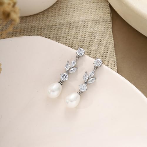 Pearl Earrings for Women Dainty Diamond Pearl Drop Earrings 14k Gold Plated Dangle Earrings for Women Weddings Gifts Bridesmaid Gifts - color: A-silver pearl earrings