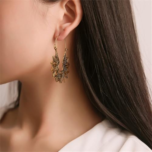 Boho Antique Carved Flower Dangle Drop Earrings for Women Vintage Retro Handmade Hollowed Antiqued Bronze Floral Shaped Geometric Gold Silver Plated Hoop Earrings for Ethnic Style Jewelry Gifts - color: Gold flower earring