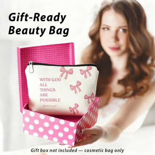 Coquette Pink Bow Christian Makeup Bag, With God All Things Are Possible Cosmetic Bags for Women, Christian Bible Verse Gifts for Women, Preppy Aesthetic Zipper Makeup Pouch - color: 01-With God All Things Are Possible