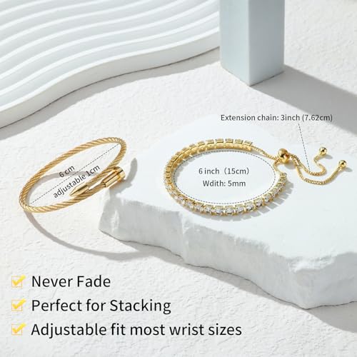 2PCS 18K Gold Plated Nail Bangle & Chain Bracelet Set for Women, Adjustable Stackable Bangle Jewelry, Dainty Gold Bracelet Gift for Women - color: Set A-tennis