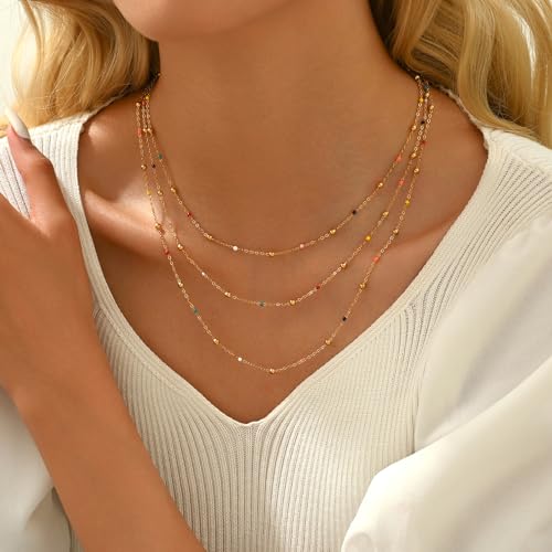 NONAMOIS Gold Chain Necklace for Women Dainty 18K Gold Plated Thin Satellite Beaded Turquoise Necklace Simple Layered Boho Jewelry Christmas Gifts - color: 3Layered Colorful Beads-Gold