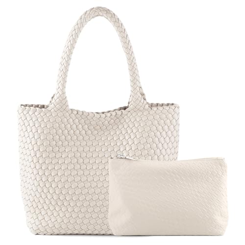 Hand Woven Bag Tote BagS For Women Top Handle Shoulder Vegan Leather Large Travel Beach Hobo Handbag - color: Beige