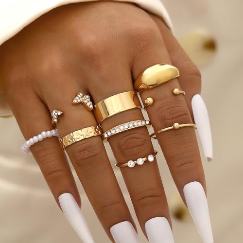 FAXHION 24-60 Pcs Gold Stackable Rings for Women, Knuckle Rings Chunky Gold Ring Set Dainty Stacking Cute Rings, Multiple Sizes Cute Jewelry Set Gift - style: Gold-21 Pcs