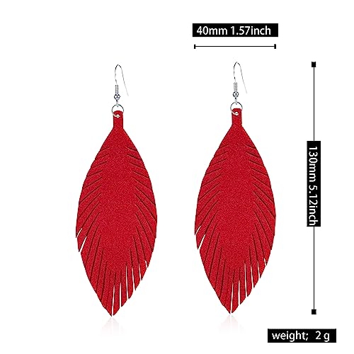 Large Genuine Soft leaf Leather Handmade Fringe Tassel Feather Lightweight Tear Drop Dangle Color Earrings for Women - color: Wine Red