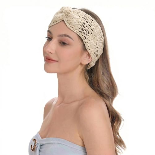 ZLYC Women Headband Handmade Crochet Knit Boho Flower Hair Bands (Twist Knotted Beige) - color: Twist Knotted Beige