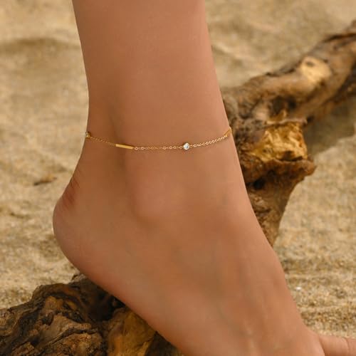 Anklet Bracelets for Women 18K Gold Plated Tennis Anklets Dainty Sapphire Paperclip Pearl Sequin Droplet Adjustable Large Anklet Bracelets Simple Beach Summer Waterproof Foot Jewelry - color: Bar CZ-Gold
