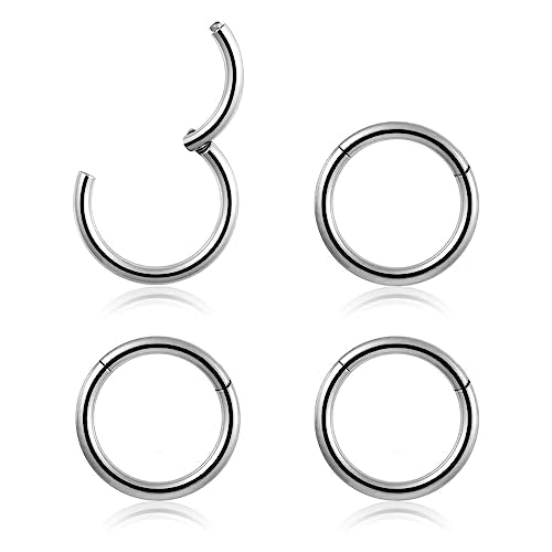 4Pcs 16G 18G 20G Surgical-Steel-Piercing-Ring-Nose-Rings-Hinged-Hoop-Earrings,6mm 8mm 10mm 12mm Seamless Stainless Steel Clicker Eyebrow Septum Piercing Hoop,Sliver Black Gold Rose Gold Rainbow Body Jewelry Set - color: 16G 8mm Silver