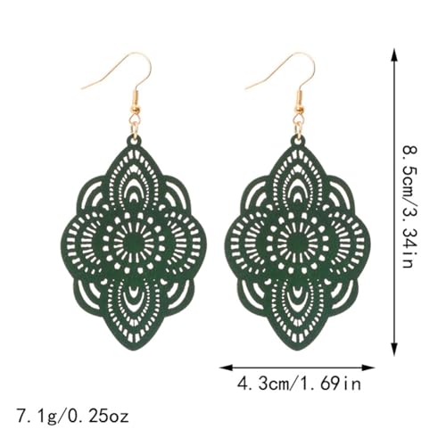 Bohemian Wood Earrings Natural Retro Lightweight Hollow Pattern Geometric Wooden Dangle Drop Earrings Statement Vintage Jewelry - color: Green Earrings