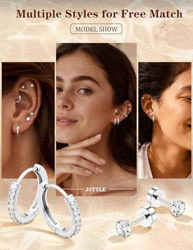 Jstyle 14K Gold Plated Stud Hoop Earrings for Women Hypoallergenic Surgical Steel Earring Stacks Silver Flat Back Earrings Trendy CZ Small Helix Cartilage Earring Sets for Multiple Piercing Jewelry