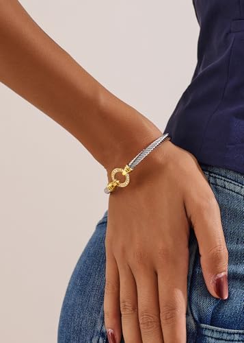 WOWORAMA Twisted Cable Wire Cuff Bracelets for Women Two Tone Gold Silver Cuff Bracelet Unisex Mixed Metal Bangle Bracelets Jewelry - color: Silver Circle