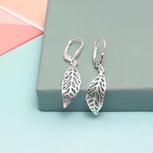 LeCalla 925 Sterling Silver Drop Earrings | Lever-Back Drop Earrings | Hypoallergenic Silver Teardrop Leverback Dangle Earring for Women Jewelry Gifts - color: Boho Leaf Drop-38MM