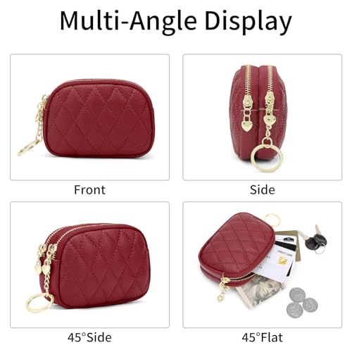 SENDEFN Women's Coin Purse Genuine Leather Wallet Small 2 Zippers Change Pouch Purse with Keychain Ring - color: 2-Red
