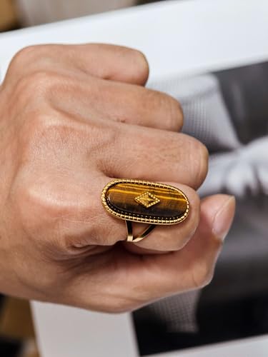 Tigers Eye Ring, Adjustable Stainless Steel Natural Stone Rings for Women, Vintage Chunky Gold Jewelry