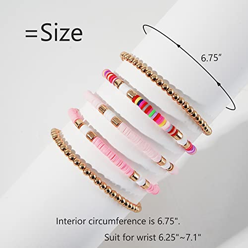 GOOJIDS Surfer Heishi Clay Bead Bracelets for Women Bohemian Stackable Gold Plated Beaded Stretch Bracelets Elastic Layering Friendship Bracelets Set Boho Jewelry - color: C-New Pink Sets