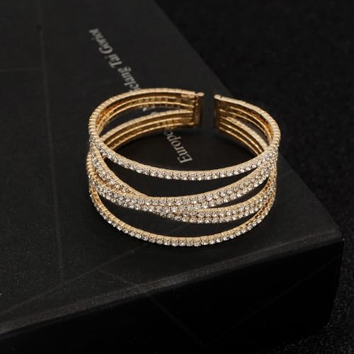 Women's Multi-Layer Rhinestone Cuff Bracelet Sparkling Crystal Tennis Bangle for Bridal Wedding Party - color: 1203 Gold