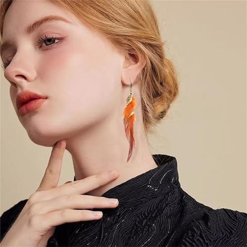 Bohemian Handmade Natural Long Feather Dangle Earrings for Women Multicolor Tassel Feathers Dangle Drop Earrings Vintage Bohemian Earrings Boho Feather Earrings - color: Orange